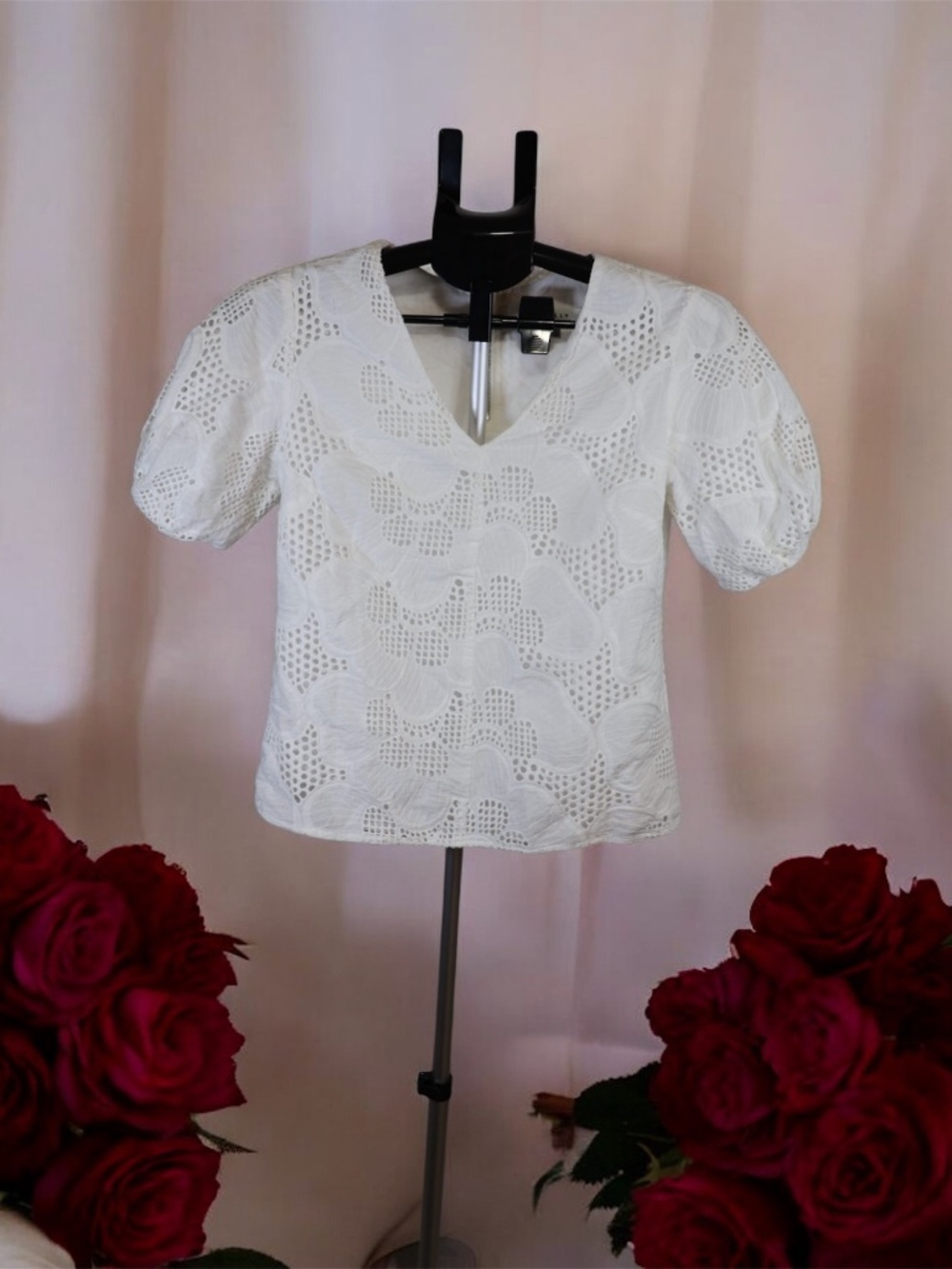 MILLY White Eyelet Puff Sleeve Designer Top P